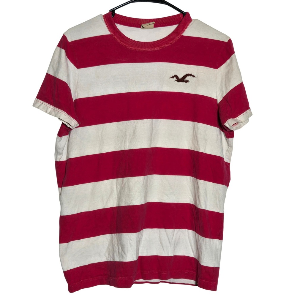 Hollister Mens Pink Striped Short Sleeve Shirt Large Y2K Preppy Surf Casual